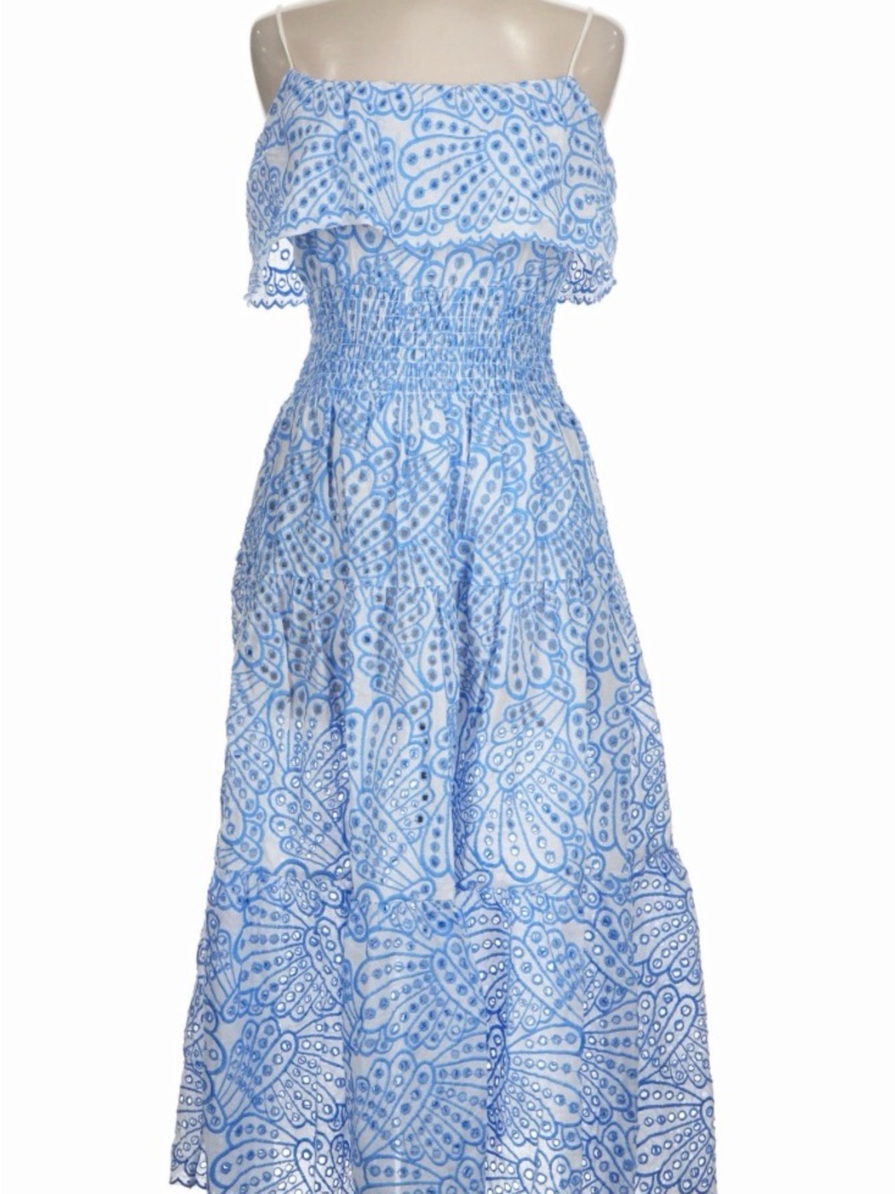 Elan Light Blue Printed Strapless Maxi with Ruffle